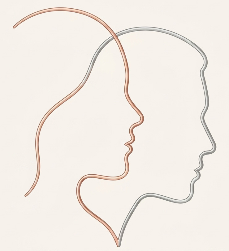 Two interlocking wire-sculpture face profiles, one rose gold and one silver — representing dual training in plastic surgery and oral & maxillofacial surgery
